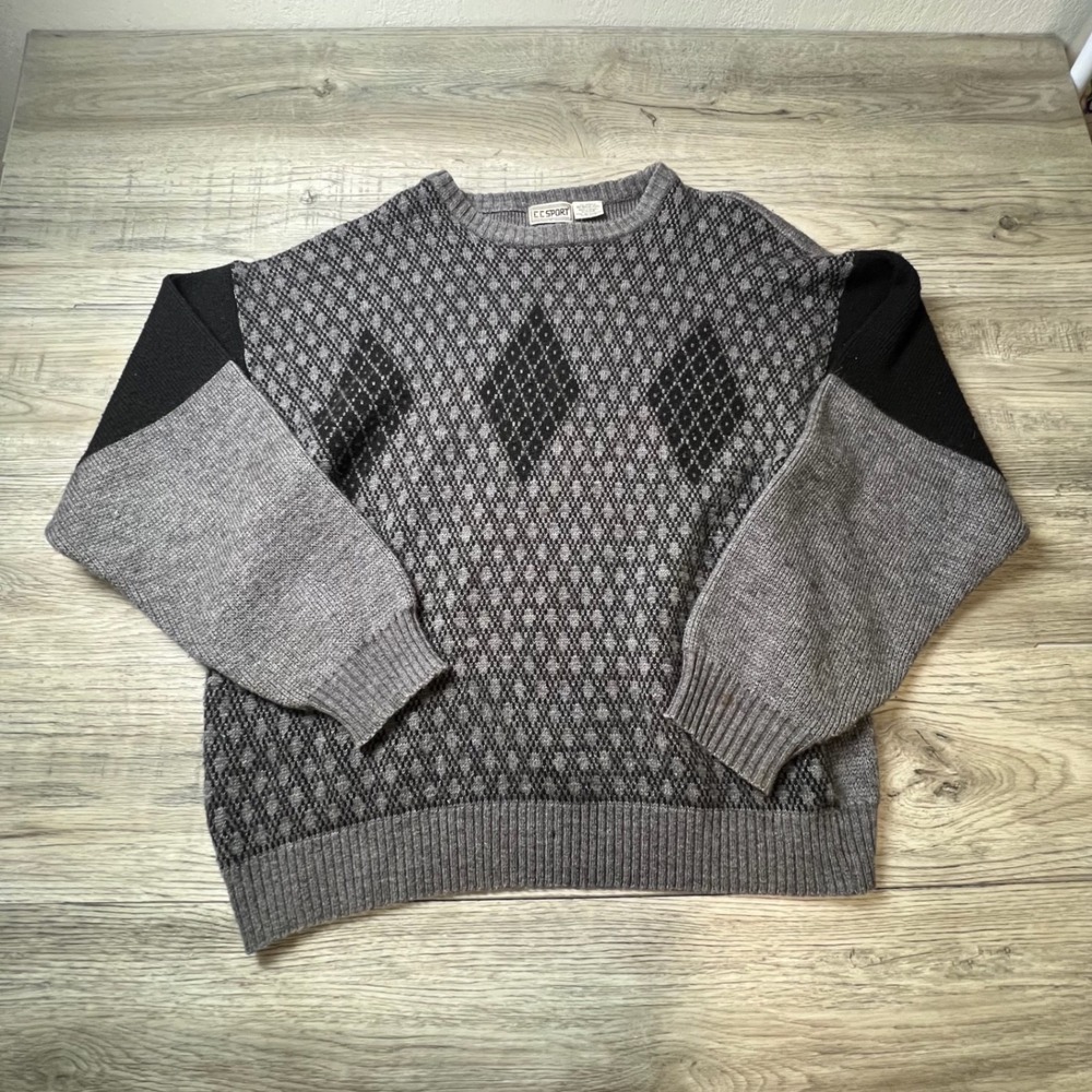 CC‎ Sport Sweater Mens XL Gray Argyle Merino Wool Blend Crewneck Vintage Knit